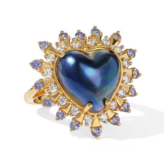 D'Joy Blau Mabe Perle (14 mm), Tansanit Ring 925 Silber 750 Gelbgold vermeil (Größe 21.00)