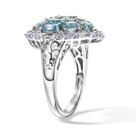 D'Joy blauer und weißer Zirkon Halo Herz Ring, 925 Silber rhodiniert - 4,77 ct.