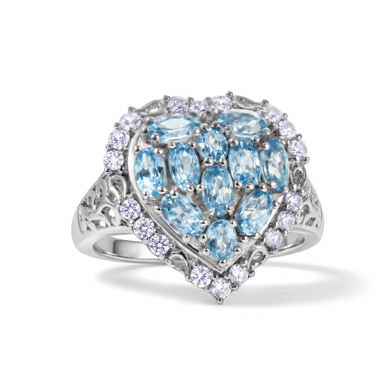 D'Joy blauer und weißer Zirkon Halo Herz Ring, 925 Silber rhodiniert - 4,77 ct.