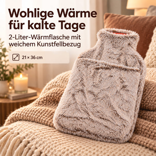Wärmflasche mit weichem Kunstfellbezug, 2 L, 21 x 36 cm, Lavendel