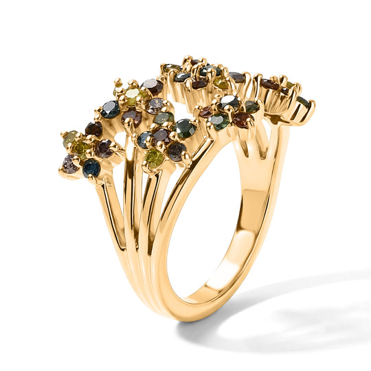 D'Joy mehrfarbiger Diamant floraler Ring, 925 Silber 750 Gelbgold Vermeil - 1 ct.