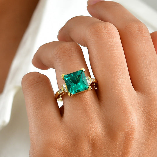 D'Joy Lab Grown Smaragd, Lab Grown Diamant Ring 925 Silber 750 Gelbgold vermeil (Größe 21.00) ca. 4,58 ct