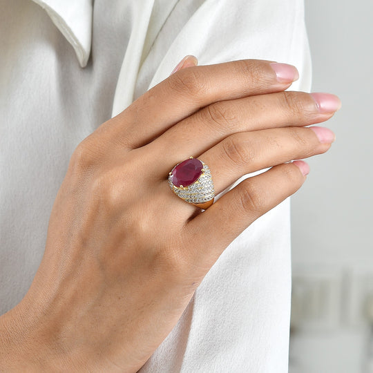 D'Joy AAA Afrikanischer Rubin (Fissure gefüllt), Weißer Zirkon Ring 925 Silber 750 Gelbgold vermeil (Größe 20.00) ca. 9,69 ct