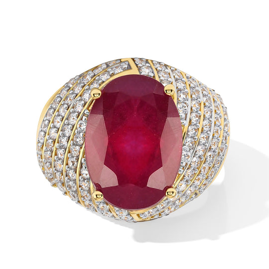 D'Joy AAA Afrikanischer Rubin (Fissure gefüllt), Weißer Zirkon Ring 925 Silber 750 Gelbgold vermeil (Größe 20.00) ca. 9,69 ct