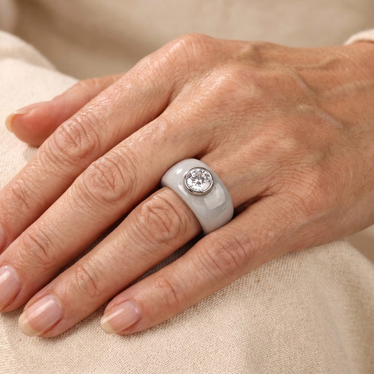 D'Joy Weiße Jade, Moissanit Ring 925 Silber Rhodiniert (Größe 18.00) (10-15 Werktage Lieferzeit) ca. 29.00 ct