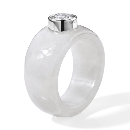 D'Joy Weiße Jade, Moissanit Ring 925 Silber Rhodiniert (Größe 18.00) (10-15 Werktage Lieferzeit) ca. 29.00 ct