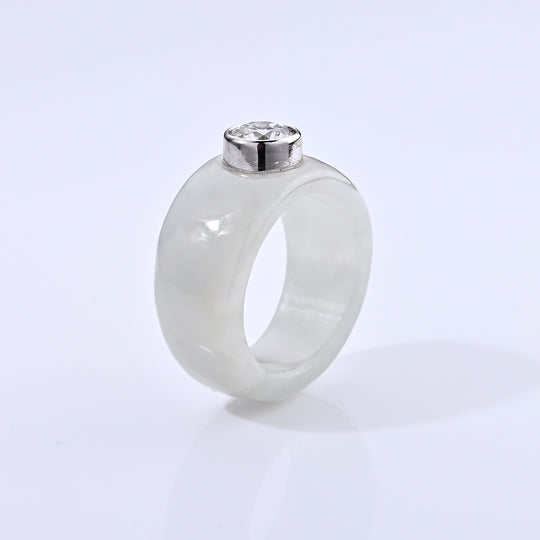 D'Joy Weiße Jade, Moissanit Ring 925 Silber Rhodiniert (Größe 18.00) (10-15 Werktage Lieferzeit) ca. 29.00 ct