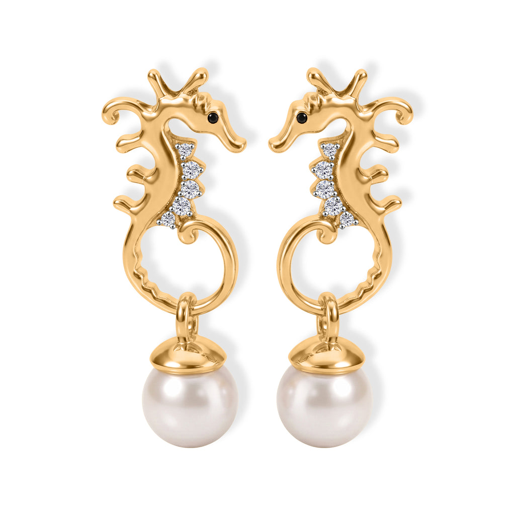 GP - Süßwasser Perle (8 mm), Weißer Zirkon Ohrringe 925 Silber 750 Gelbgold vermeil