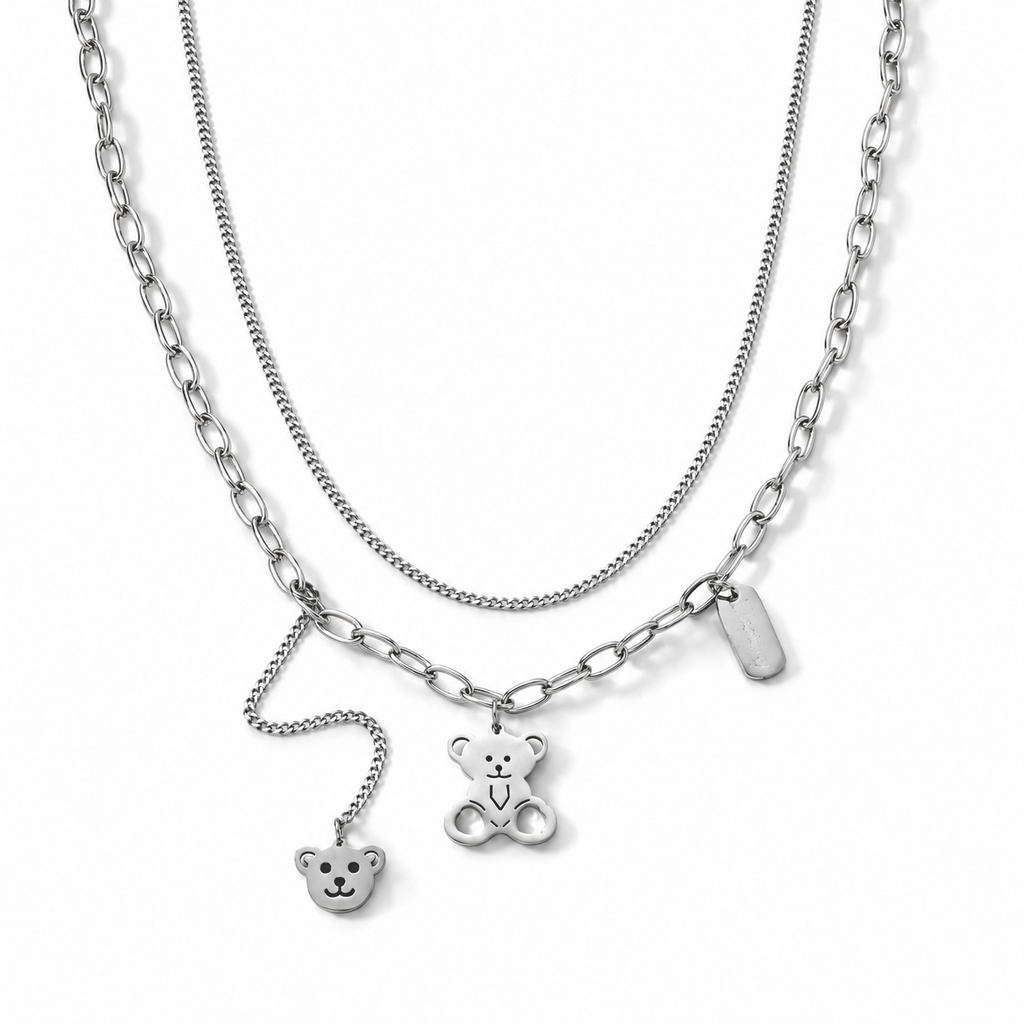 2er-Halsketten-Set mit Teddybärmotiv, 316L-Edelstahl, ca. 47 cm + 3,8 cm Verlängerung und 59,7 cm, ca. 20,00 g