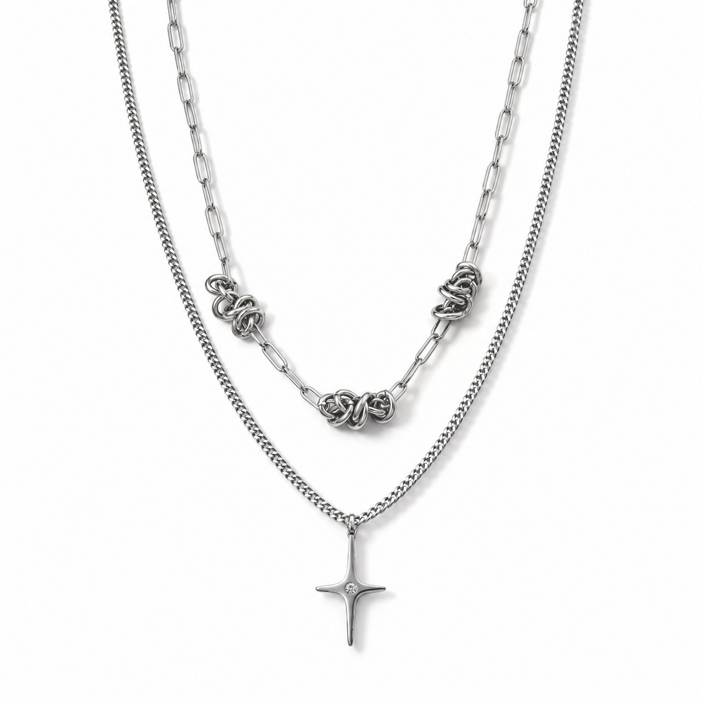 Zweireihige Halskette mit Kreuzanhänger und weißem Kristall, 316L-Edelstahl, ca. 52 cm, silberfarben 1.00 ct