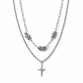 Zweireihige Halskette mit Kreuzanhänger und weißem Kristall, 316L-Edelstahl, ca. 52 cm, silberfarben 1.00 ct