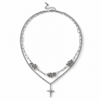 Zweireihige Halskette mit Kreuzanhänger und weißem Kristall, 316L-Edelstahl, ca. 52 cm, silberfarben 1.00 ct
