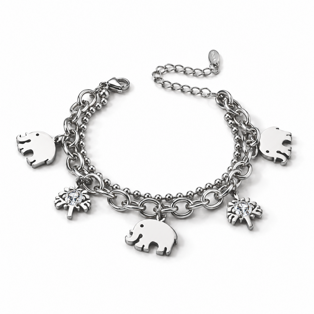 Charm-Armband mit Elefantenmotiven, 316L-Edelstahl, ca. 18 cm, ca. 18,90 g