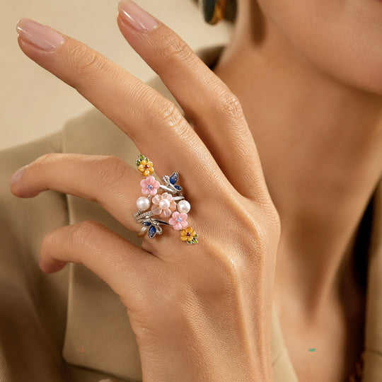 JARDIN KOLLEKTION D'Joy Gelbes Perlmutt (6 mm), Weiße Süßwasser Perle (4-4.5mm) Ring 925 Silber Rhodiniert (Größe 16.00) 0.14 ct