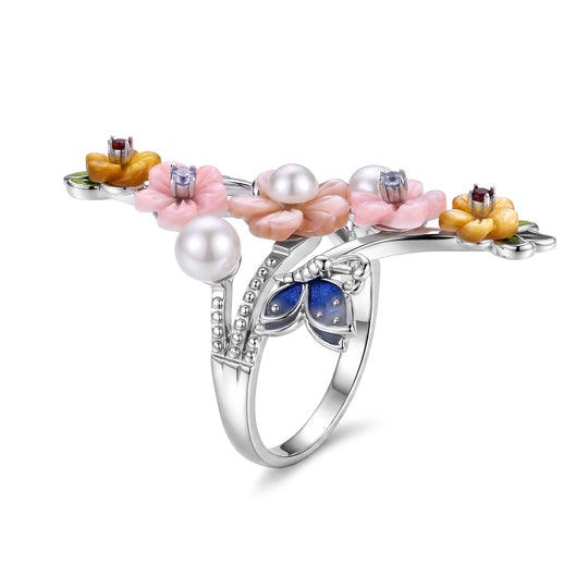 JARDIN KOLLEKTION D'Joy Gelbes Perlmutt (6 mm), Weiße Süßwasser Perle (4-4.5mm) Ring 925 Silber Rhodiniert (Größe 16.00) 0.14 ct
