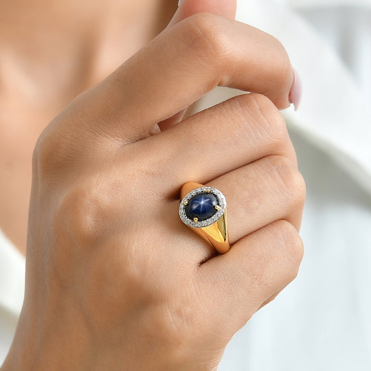 D'Joy AA blauer Stern Saphir und Moissanit Ring, 925 Silber 750 Gelbgold Vermeil - 3,33 ct.