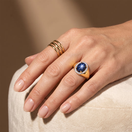 D'Joy AA blauer Stern Saphir und Moissanit Ring, 925 Silber 750 Gelbgold Vermeil - 3,33 ct.
