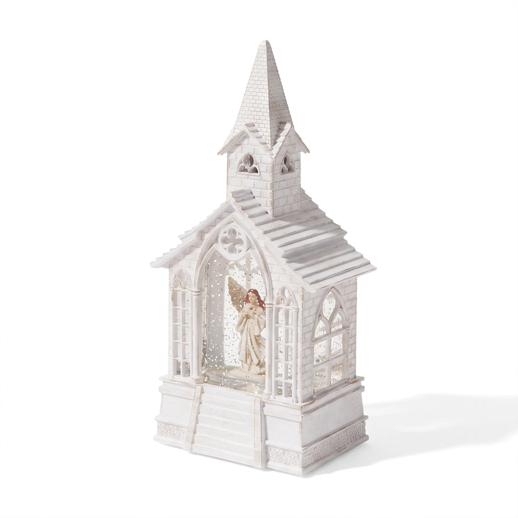 LED-Wasserlaterne in Kirchenform mit Engel, Glitzerwirbel und 2 Weihnachtsmelodien, 11x7,8x23cm, Weiß
