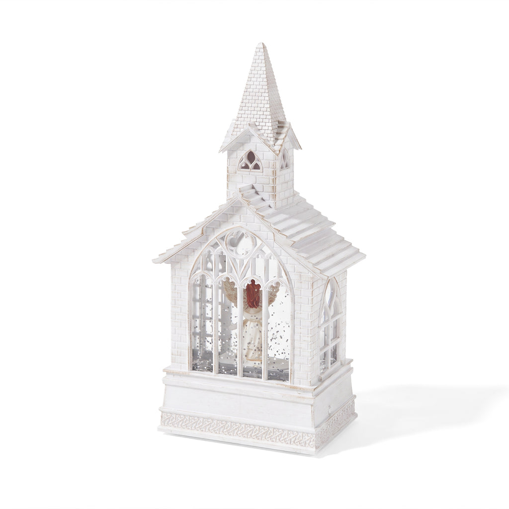 LED-Wasserlaterne in Kirchenform mit Engel, Glitzerwirbel und 2 Weihnachtsmelodien, 11x7,8x23cm, Weiß