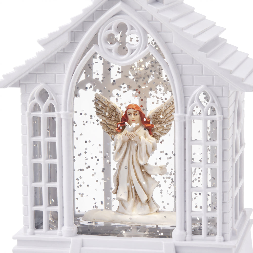 LED-Wasserlaterne in Kirchenform mit Engel, Glitzerwirbel und 2 Weihnachtsmelodien, 11x7,8x23cm, Weiß