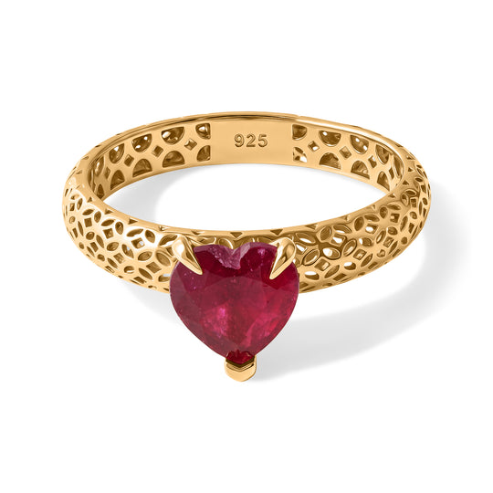 D'Joy AA Afrikanischer Rubin (Fissure gefüllt) Herz Ring 925 Silber 750 Vergoldet (Größe 20.00) ca. 1.80 ct