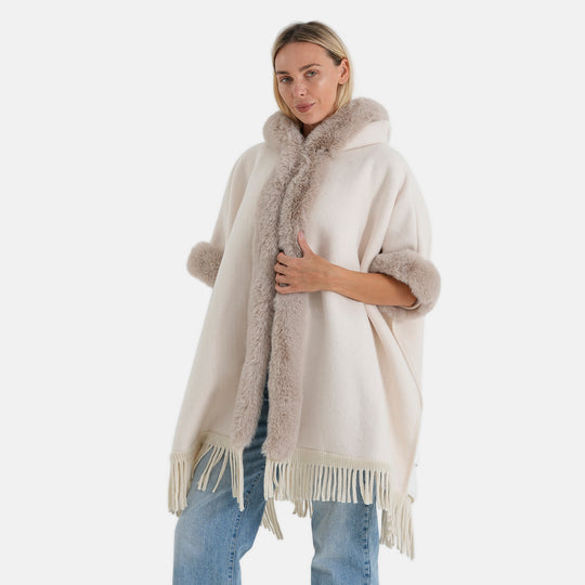 LA MAREY SIGNATURE, Webpelz-Poncho mit Fransen, 110 x 90 cm, Braun