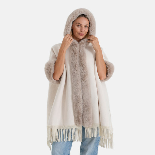 LA MAREY SIGNATURE, Webpelz-Poncho mit Fransen, 110 x 90 cm, Braun