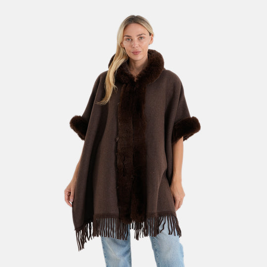 LA MAREY SIGNATURE, Webpelz-Poncho mit Fransen, 110 x 90 cm, Braun