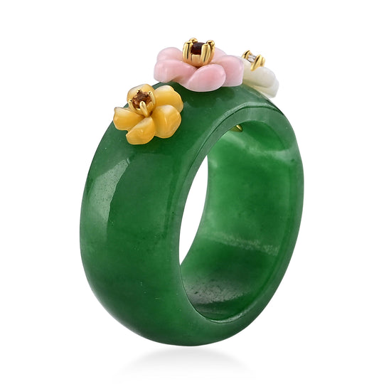 JARDIN KOLLEKTION D'Joy Grüne Jade, Roter Granat Ring 925 Silber Vergoldet (Größe 20.00) 33.58 ct