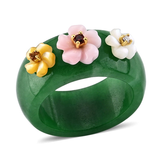 JARDIN KOLLEKTION D'Joy Grüne Jade, Roter Granat Ring 925 Silber Vergoldet (Größe 20.00) 33.58 ct