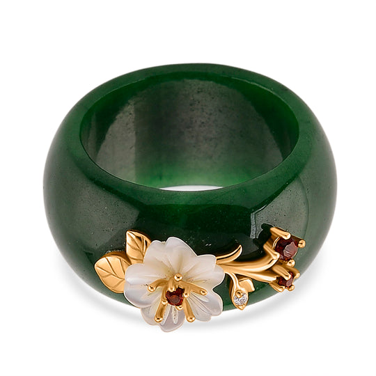 JARDIN KOLLEKTION D'Joy Gefärbte grüne Jade, Roter Granat Ring 925 Silber Vergoldet (Größe 18.00) 30.09 ct
