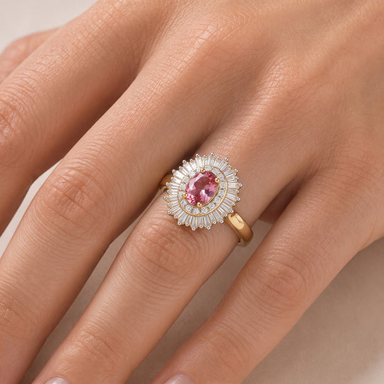 D'Joy AA Blush Turmalin, Weißer Diamant Ring 925 Silber 750 Gelbgold vermeil (Größe 18.00) ca. 0,67 ct
