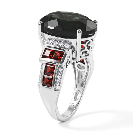 D'Joy Alexandrit Quarz Triplette, Roter Granat Ring 925 Silber Rhodiniert (Größe 21.00) ca. 11,56 ct