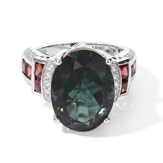 D'Joy Alexandrit Quarz Triplette, Roter Granat Ring 925 Silber Rhodiniert (Größe 21.00) ca. 11,56 ct