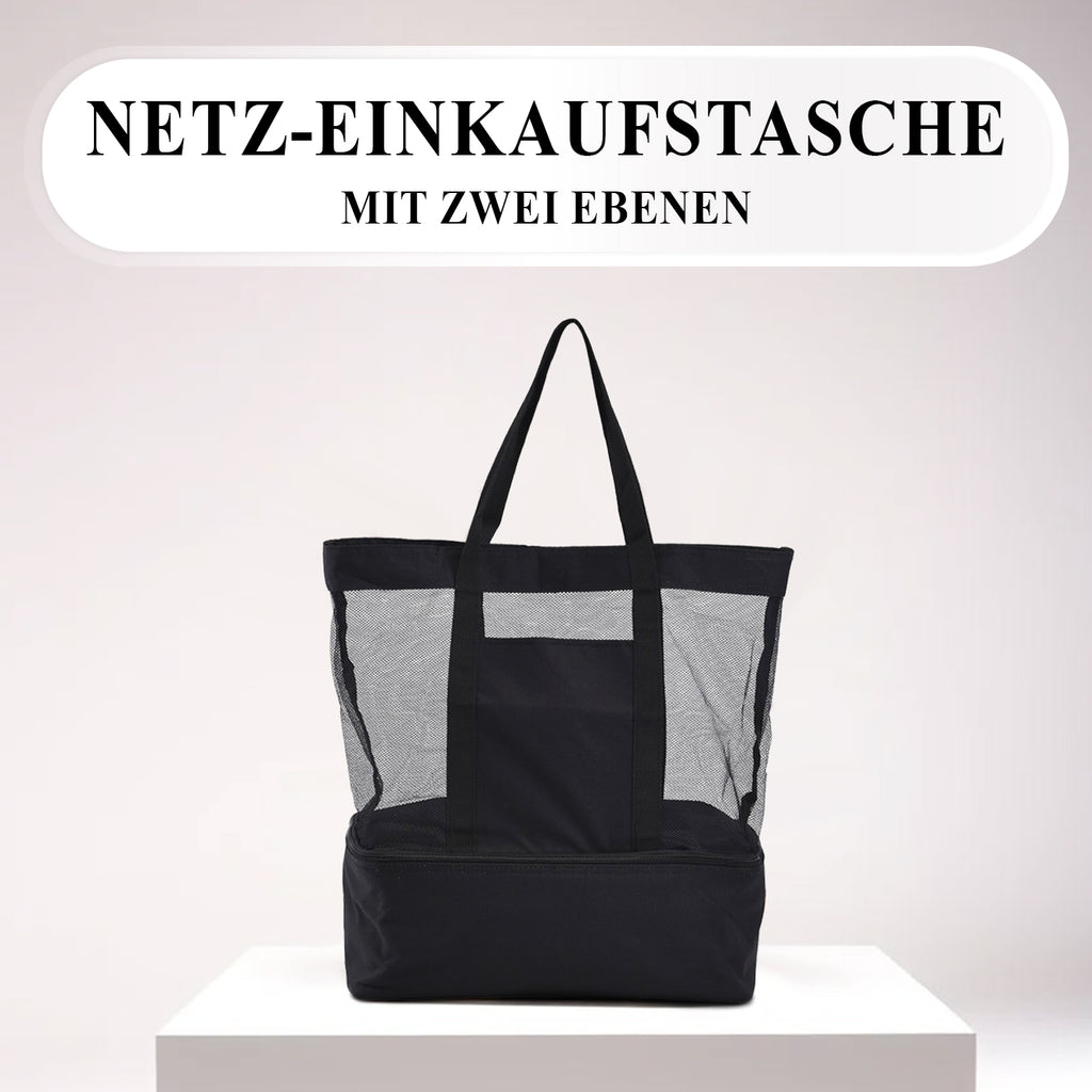 Zweistöckige Netz-Einkaufstasche mit Kühlfach, 37x15x42cm, schwarz