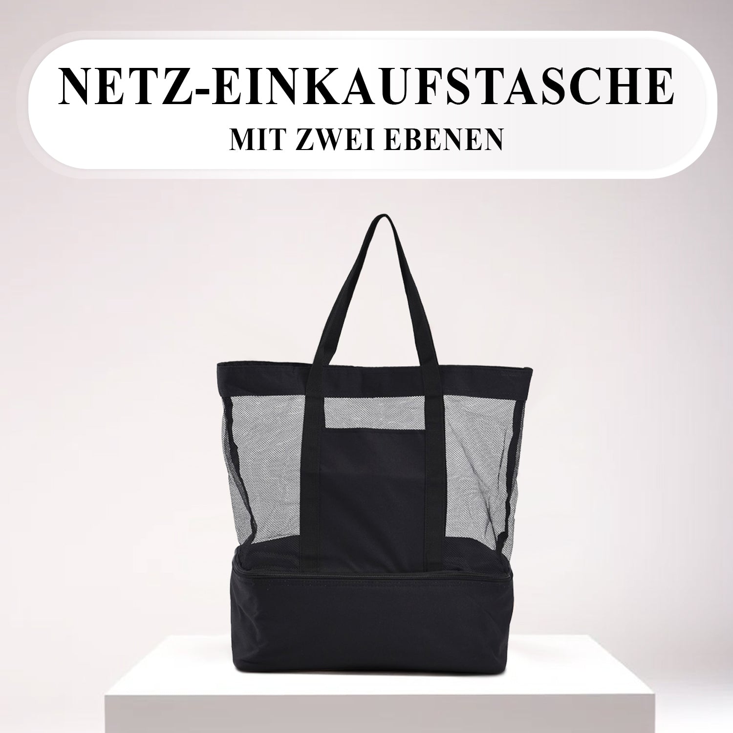 Zweistöckige Netz-Einkaufstasche mit Kühlfach, 37x15x42cm, schwarz