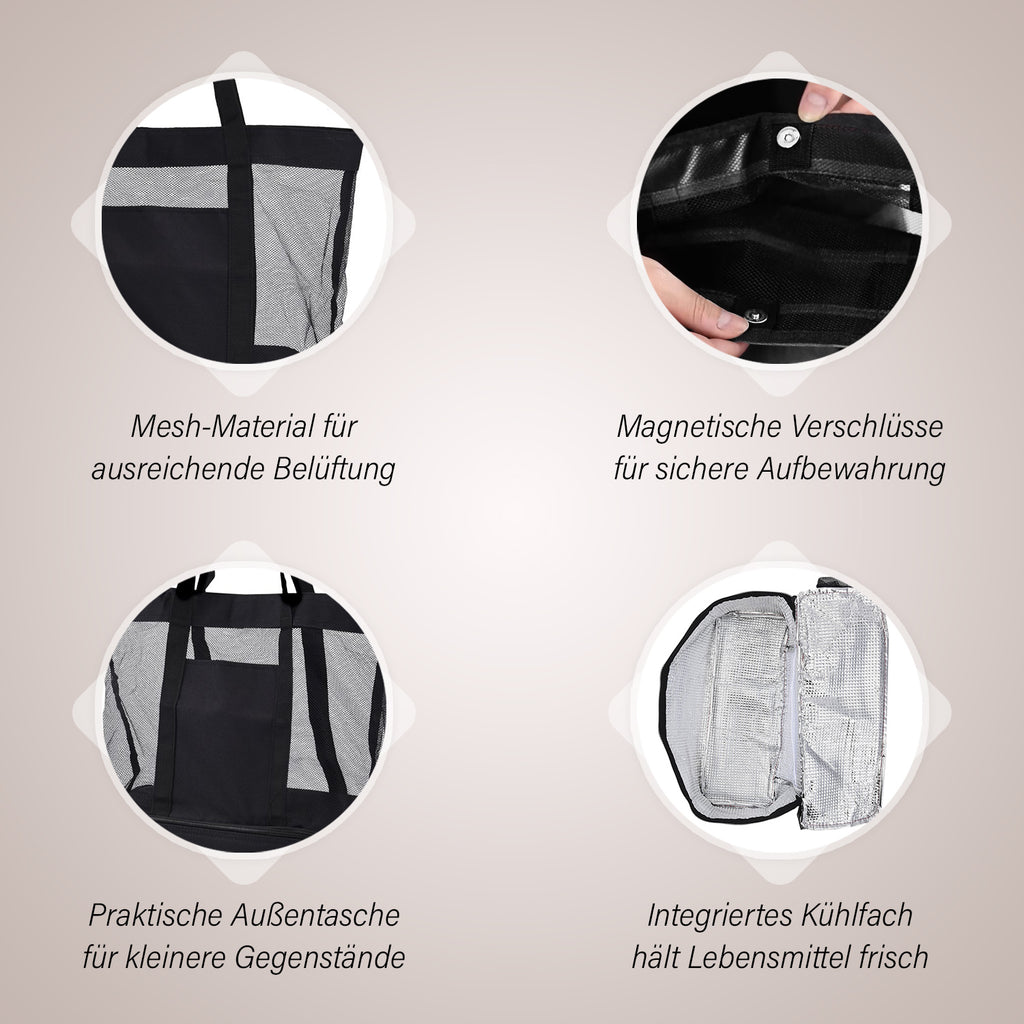 Zweistöckige Netz-Einkaufstasche mit Kühlfach, 37x15x42cm, schwarz