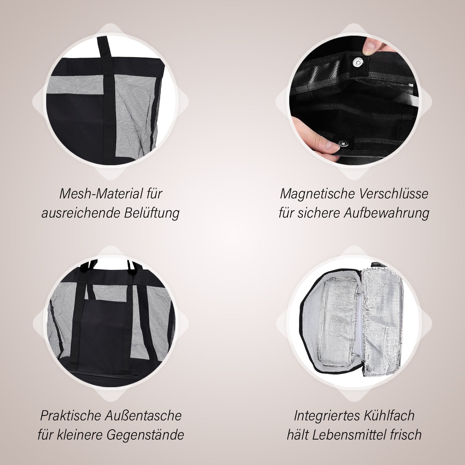 Zweistöckige Netz-Einkaufstasche mit Kühlfach, 37x15x42cm, schwarz