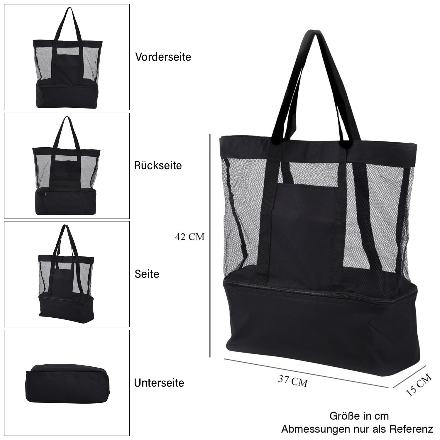 Zweistöckige Netz-Einkaufstasche mit Kühlfach, 37x15x42cm, schwarz
