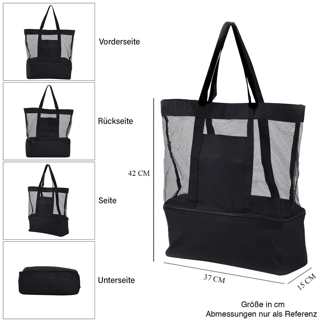 Zweistöckige Netz-Einkaufstasche mit Kühlfach, 37x15x42cm, schwarz