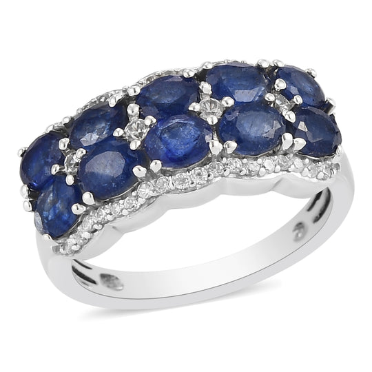 Masoala Saphir (Fissure gefüllt) und weißer Zirkon-Ring, 925 Silber platiniert (Größe 16.00) ca. 3.30 ct