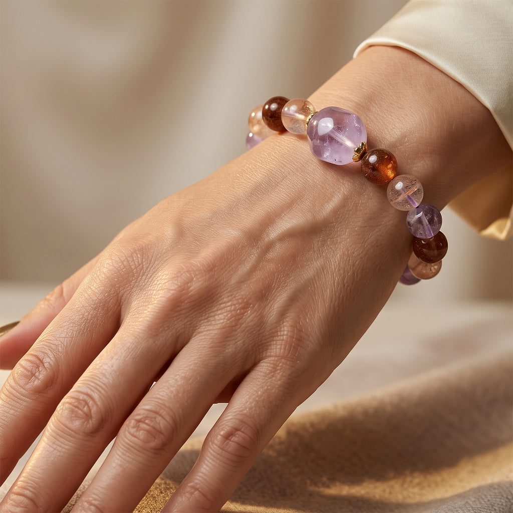 Afrikanisches Amethyst und mehrfarbiges Hämatoid Quarz flexibles Armband (17,5-19cm), Legierung in Goldton - 170 ct.