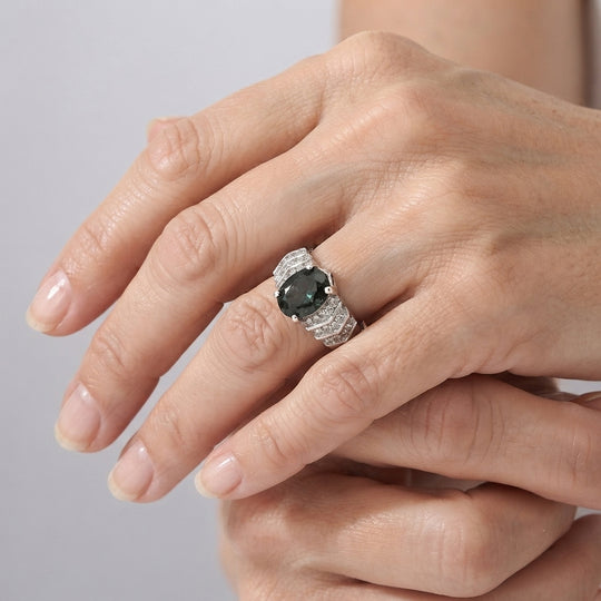 D'Joy Alexandrit Quarz Triplette, Weißer Zirkon Ring 925 Silber Rhodiniert (Größe 21.00) ca. 3,30 ct