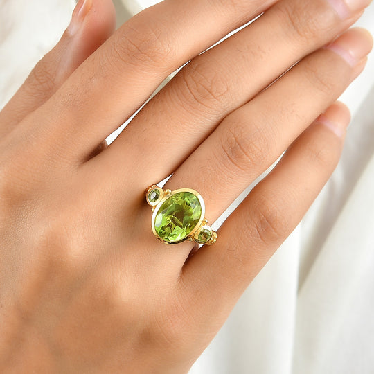 GP - Chartreuse Quarz, Peridot Ring 925 Silber 750 Gelbgold vermeil (Größe 18.00) ca. 6,91 ct