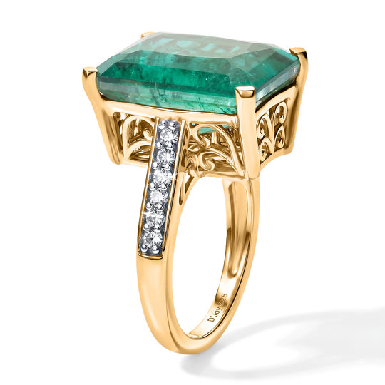 D'Joy Smaragd-Quarz Triplette, Weißer Zirkon Ring 925 Silber 750 Gelbgold vermeil (Größe 20.00) ca. 12,53 ct