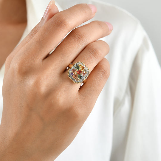 D'Joy mehrfarbiger Saphir und Zirkon Ring im Häkelmuster-Stil, 925 Silber 750 Gelbgold Vermeil - 2,70 ct.