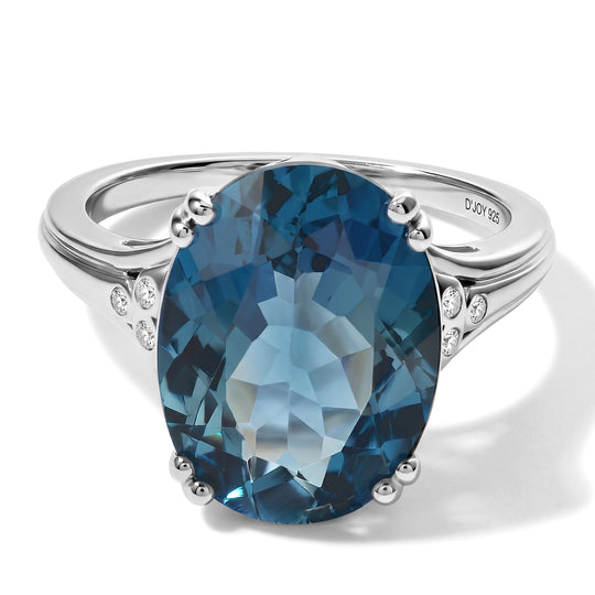 D'Joy London Blau Topas, Weißer Diamant Ring 925 Silber Rhodiniert (Größe 20.00) ca. 11,39 ct