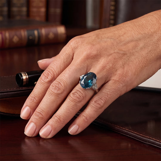 D'Joy London Blau Topas, Weißer Diamant Ring 925 Silber Rhodiniert (Größe 20.00) ca. 11,39 ct