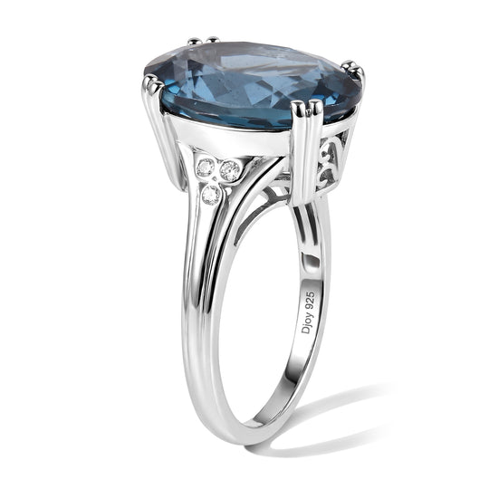 D'Joy London Blau Topas, Weißer Diamant Ring 925 Silber Rhodiniert (Größe 20.00) ca. 11,39 ct