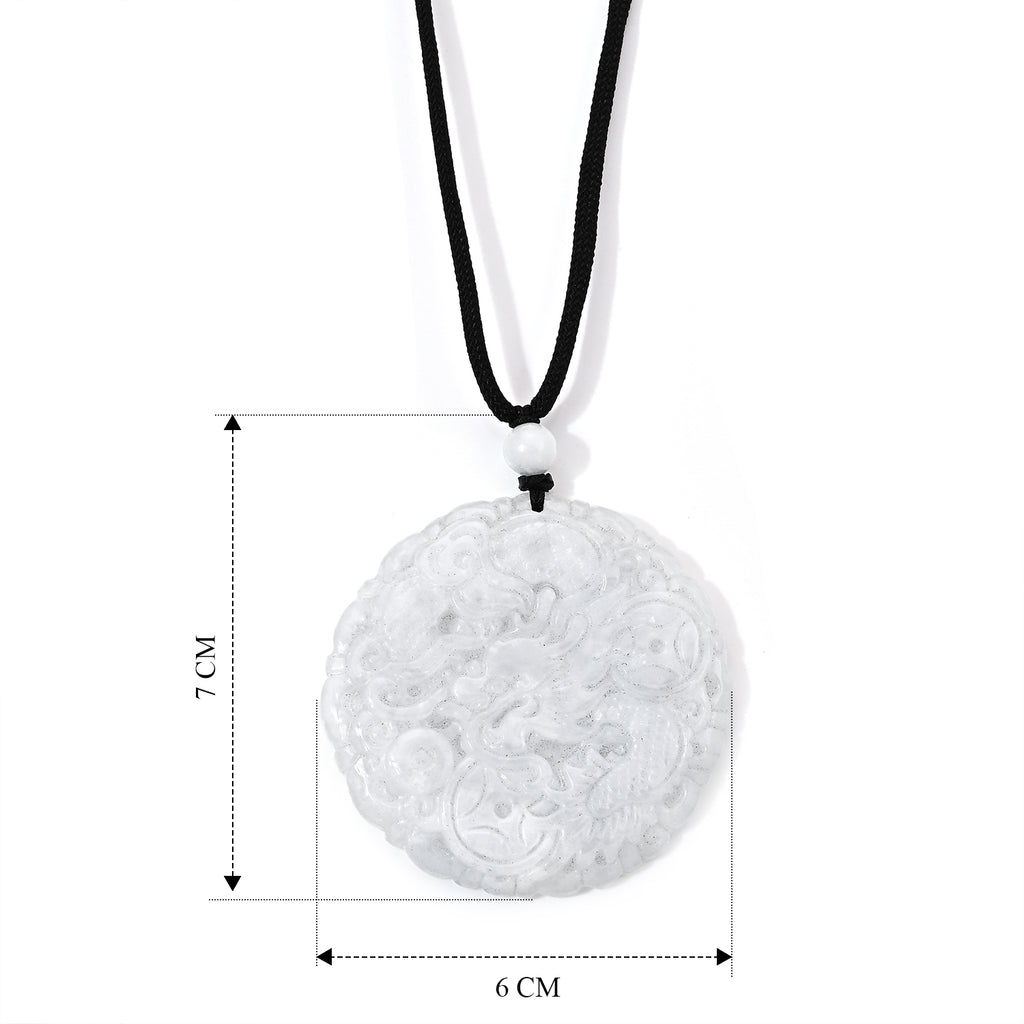 Natürliche 145 ct. weiße Jade flexible 76cm Halskette mit geschnitztem Drachenanhänger und Baumwollkordel